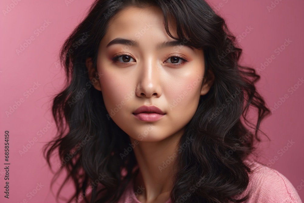 Creative closeup portrait of young Asian woman face on pink background with copy space. ai generative Creative closeup portrait of young Asian woman face on pink background with copy space. ai generative