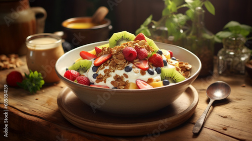 A bowl of natural yogurt ice cream topped with granola, fresh fruits like strawberries and kiwi, and a drizzle of honey. In a rustic environment with wood and plants