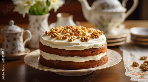 A homemade carrot cake on a plate on a wooden table with chinaware in the background