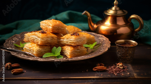 Pieces of baklava showing off their layers of puff pastry and nut filling. Located on a wooden table with a teapot and glass reflecting the Middle Eastern style.