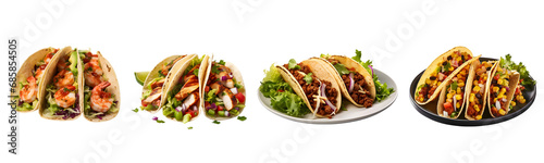  Set of Shrimp Tacos, Chicken Tacos, Beef Tacos, and Vegetarian Tacos on Transparent Background