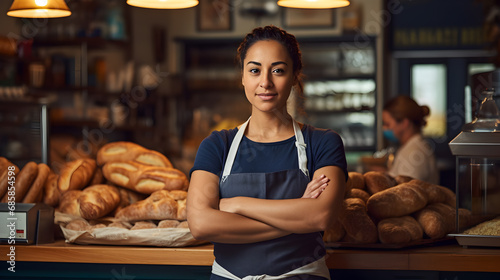 portrait confectioner, bread seller, smiling female seller, bakery employee, bakery shop, bread on shelves