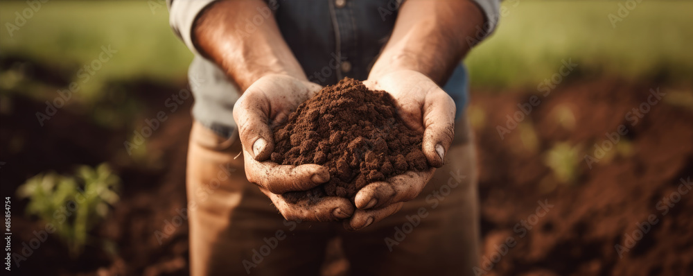 Dark soil in farmer hands. banner. Male hands touching soil on the field. - obrazy, fototapety, plakaty 