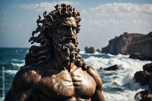 Majestic statue of Poseidon, the Greek god of the seas. Face washed by high ocean waves. ai generative