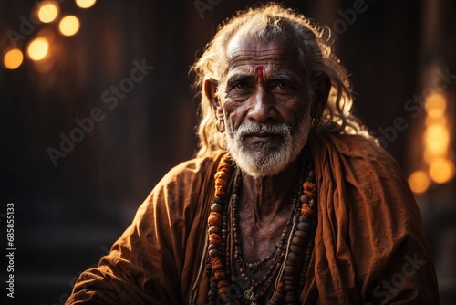 Portrait of a seated old sadhu. ai generative