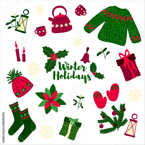 Set of Winter Holidays icons with warm clothes, kettle and teacups, evergreen branches, holly and mistletoe, and other elements. Hand-drawn flat vector illustration set. Vector icons isolated on white