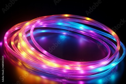 Light from fiber optic curve cable on black background