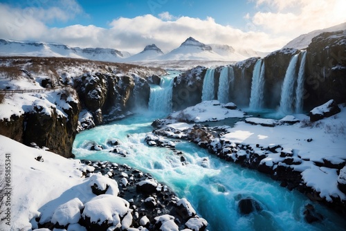 Scenic snowy waterfall in Iceland with a powerful blue river, a magical winter wonderland. ai generative