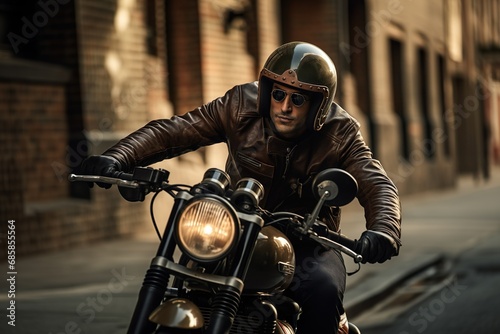 Mature man wearing helmet posing on motorbike outdoors