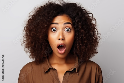 A black woman expressing surprise and shock emotion with her mouth open and big wide open eyes. white background