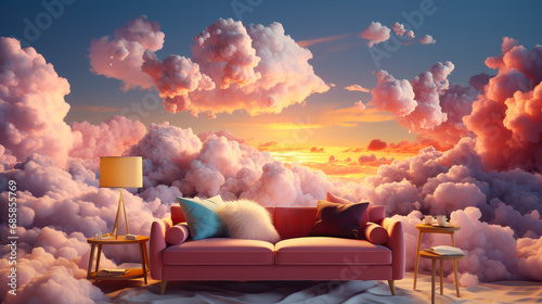 Beautiful pink sofa with cushions stands in a fantastic cozy place in the sky among the clouds. Paradise landscape. Concept of relaxation and pacification.