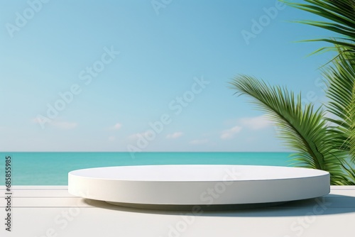 A white round-shape podium on the sand with green tropical leaves and blue sky background