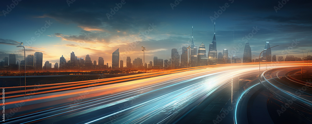 Obraz premium a city with light trails on a highway at night time, in the style of light teal and orange