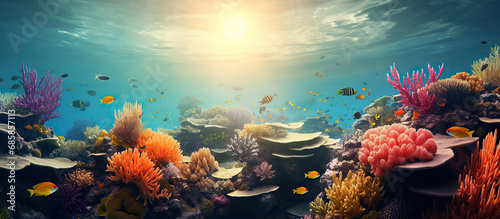 Amazing under ocean landscape with lots of fishes. Sunrays from above photo