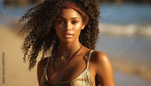 Beautiful African woman with curly hairs on the beach. yellow background