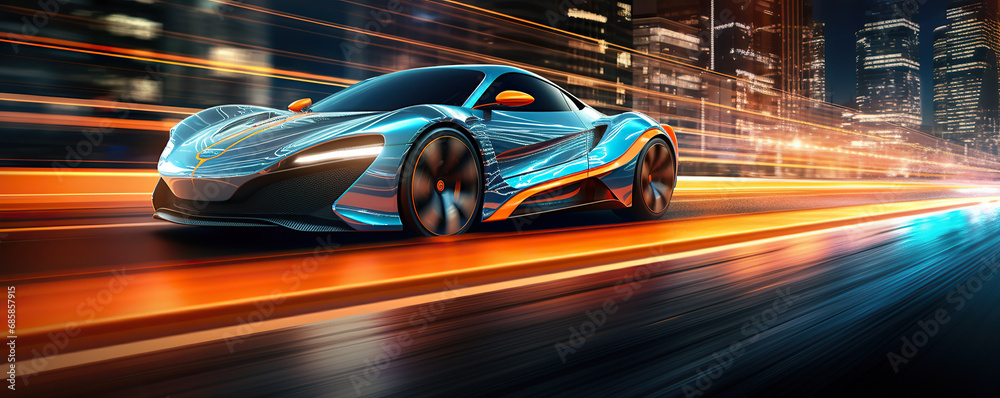 the futuristic elan concept car driving along a city road at night time, in the style of vray tracing