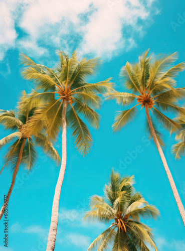 view of palm trees in the sky  blue sky. warm vibrant colors.