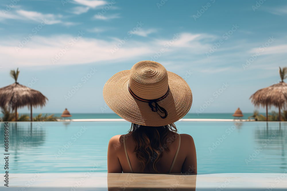 woman in brown hat sitting at the pool with palm trees