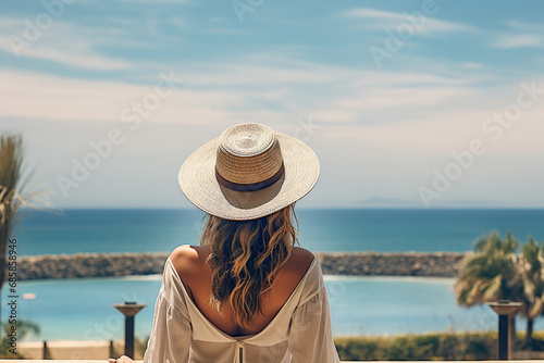 woman in brown hat sitting at the pool with palm trees © Koray