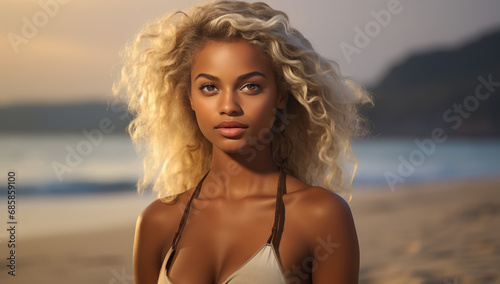 a blonde african woman on a beach in the style of dark bronze and light amber. backlit photography