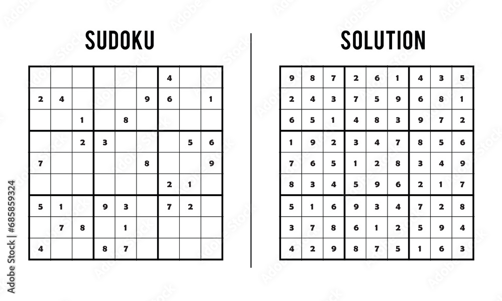 Sudoku Puzzles for Kids and Adults, Game With Solution, Magic Square. Logic puzzle game. Digital rebus Sudoku Puzzles for Kids and Adults, Game With Solution, Magic Square. Logic puzzle game. Digital rebus