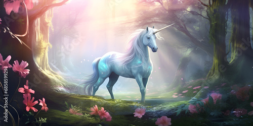 In the Realm of Fantasy  The Legendary Unicorn and Its Magical Presence in a Forest of Dreams  A Mythical Journey  Exploring the Enchanted World of Unicorns Among Flowers and Butterflies