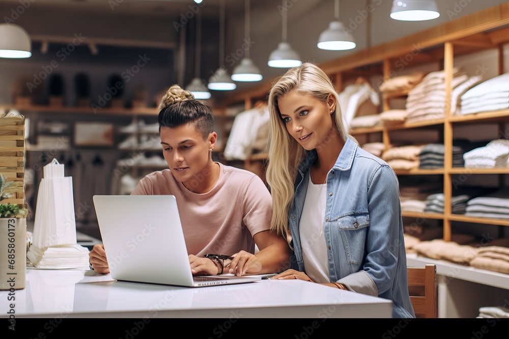 Two young shop owners using a laptop in their store, Startup small business SME, Entrepreneur owners Two young shop owners using a laptop in their store, Startup small business SME, Entrepreneur owners