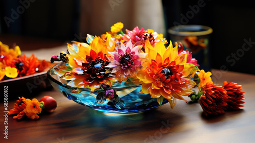 Bouquet of glowing colorful flowers on dark background