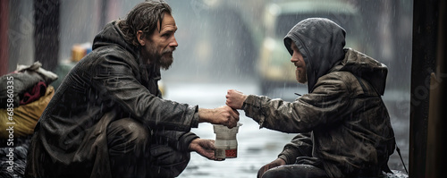 Man helping of giving money to homeless beggar sitting in road city photo
