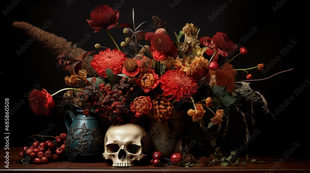 Still life with human skull on dark background - vanitas