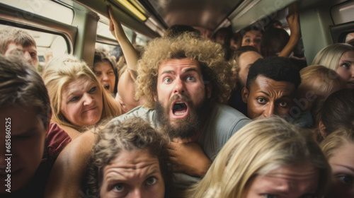 Young man having claustrophobia in public transport photo