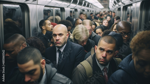 Tired unhappy people jammed in subway, rush hour photo