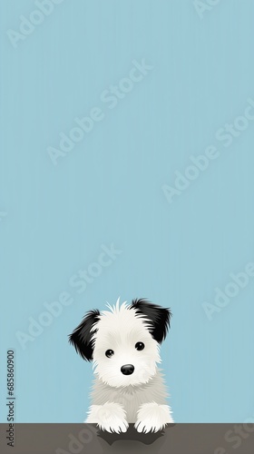 small white dog sitting table blue background cute cartoon puppies aliased silly looking photo