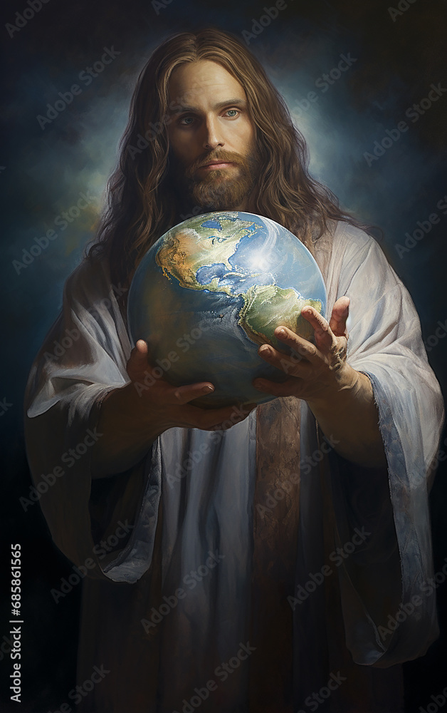 Naklejka premium Jesus cristo segurando globo terrestre, amor e fé na humanidade 