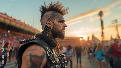 Young happy punk with mohawk hairstyle, open air music festival photo