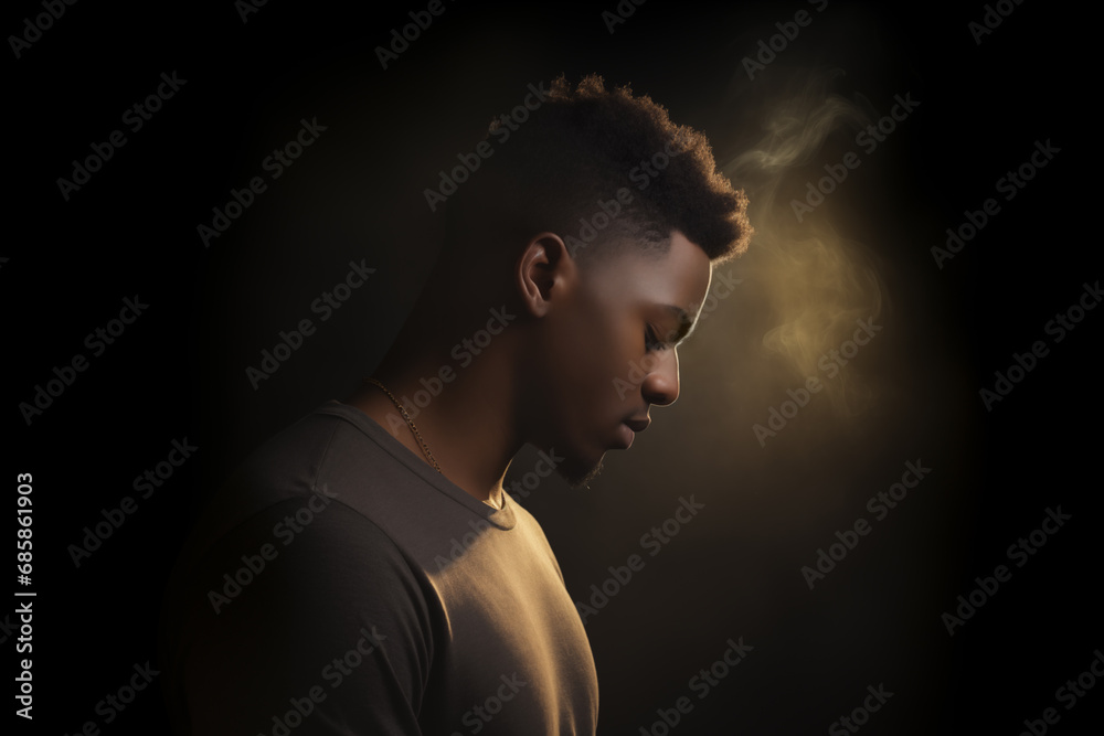 Handsome young African american man praying to god with his eyes closed - profile side angle - God's rays of light shining down - Ethnic diversity and religion concept - obrazy, fototapety, plakaty 