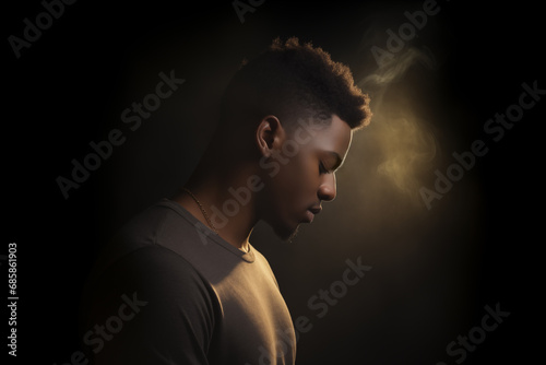 Handsome young African american man praying to god with his eyes closed - profile side angle - God's rays of light shining down - Ethnic diversity and religion concept photo