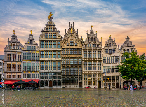 Buildings on Antwerp market square at sunset, Belgium