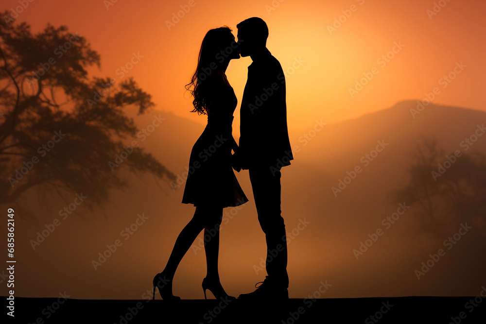 silhouette of a lucky kissing couple in the sunset