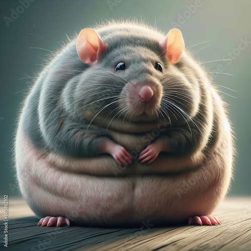 Adorable chubby mouse with big eyes and folded paws, sitting on a wooden surface under soft light.