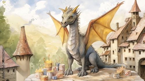 dragon sitting rock castle background tins food floor illustration children burning houses princess product eating cheese creature meters tall