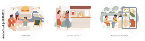 Quick snack isolated concept vector illustration set. Street food, takeaway coffee, assorted snack pack, city food truck, take-out menu, nutrition diet, business lunch, bakery vector concept.