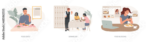 Foodie isolated concept vector illustration set. Food critic, sommelier and cook blogging, restaurant rating, culinary show, streaming, street food menu, wine service, review vector concept.
