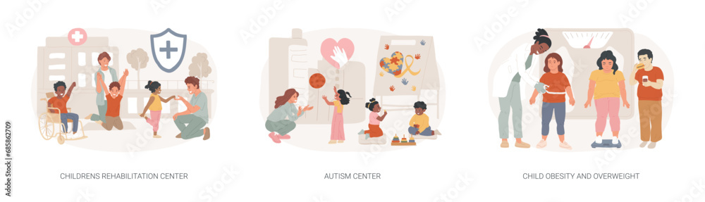 Children healthcare service isolated concept vector illustration set. Childrens rehabilitation center, autism center, child obesity and overweight, special needs pediatric help vector concept.