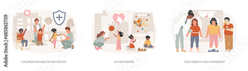 Children healthcare service isolated concept vector illustration set. Childrens rehabilitation center, autism center, child obesity and overweight, special needs pediatric help vector concept. photo