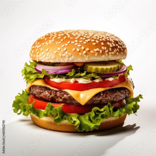 A delicious burger with salad on a white background.