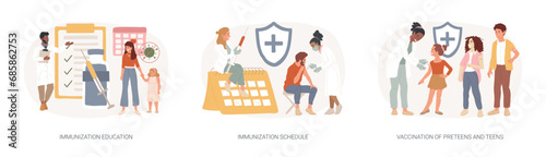 Public health program isolated concept vector illustration set. Immunization education and schedule, vaccination of teens, children vaccination calendar, infectious disease vector concept. photo