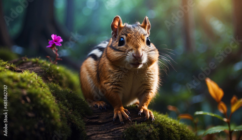 A cute chipmunk in the forest on a branch. © AMERO MEDIA