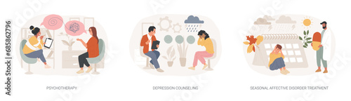 Mental health isolated concept vector illustration set. Psychotherapy, depression counseling, seasonal affective disorder treatment, behavioral cognitive therapy, private session vector concept.