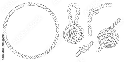 Set of knotted ropes cords monkey fist knot. Nautical thread whipcord with loops and noose. Rope cord Twisted Round frame, braided, folded, spiral fiber. Illustration hand drawn  graphic isolated.